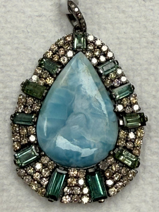 Larimar Tourmaline Drop Diamond Pendant