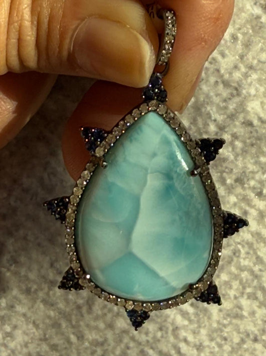 Larimar Sapphire Drop Diamond Pendant