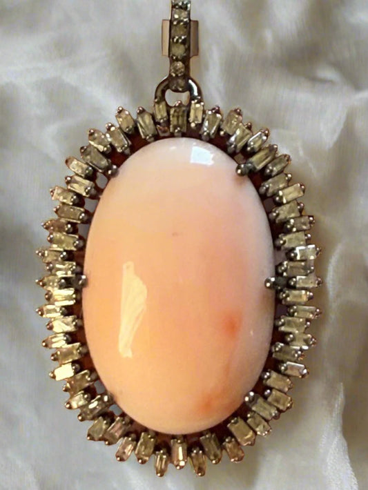 Coral Oval Baguette Diamond Pendant