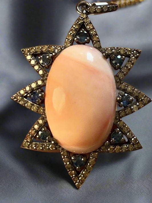 Coral Sapphire Oval Diamond Pendant