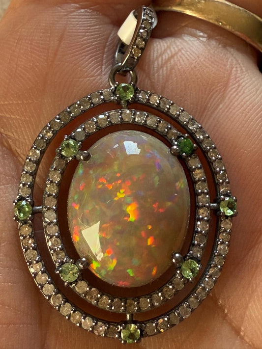 Opal Tsavorite Diamond Pendant