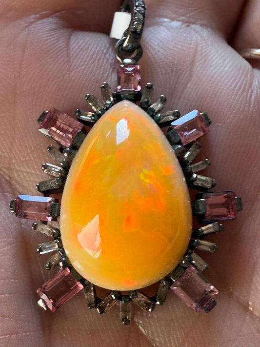 Opal Tourmaline baguette Diamond Pendant
