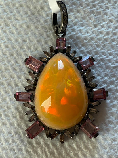 Opal Tourmaline baguette Diamond Pendant