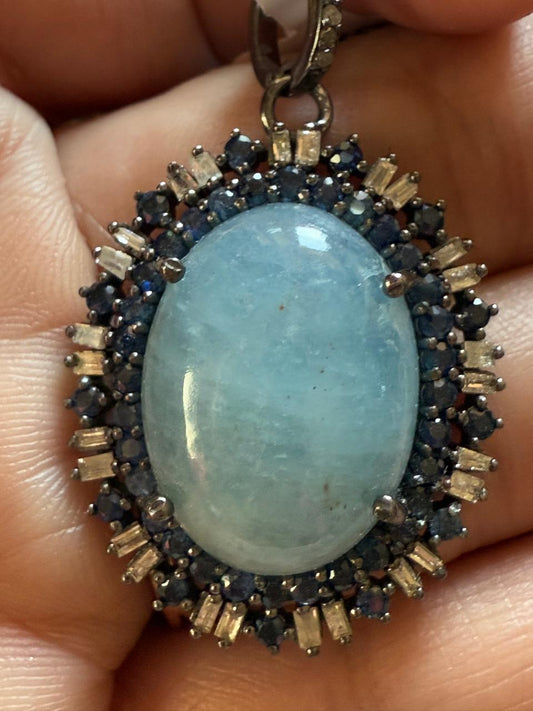 Oval Aquamarine Blue Sapphire Baguette Diamond Pendant (Copy)