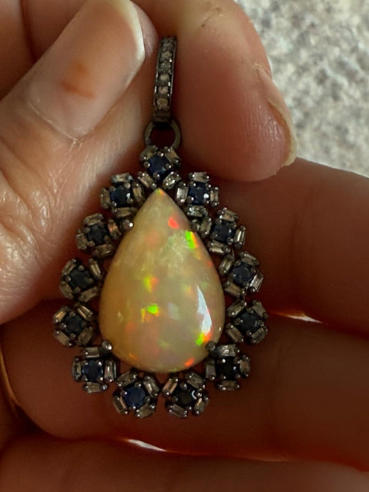 Opal Sapphire Baguette Diamond Pendant