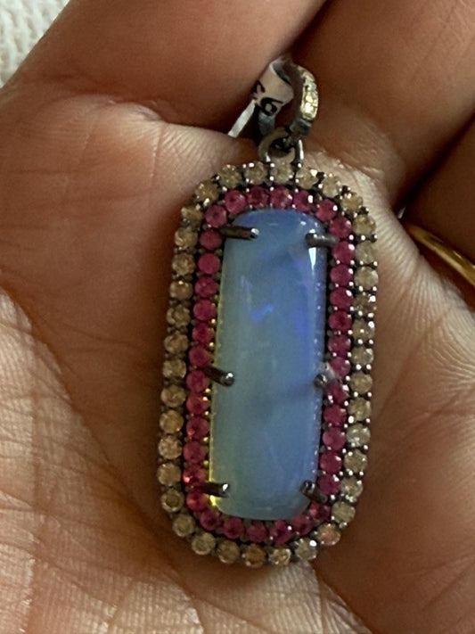 Rectangle Opal Ruby Diamond Pendant