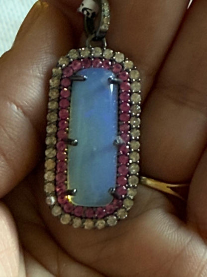Rectangle Opal Ruby Diamond Pendant
