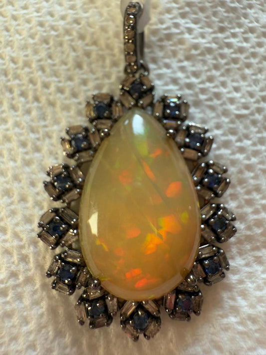 Drop Opal Sapphire Baguette Diamond Pendant