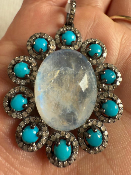 Tourquise Rainbow Moonstone Diamond Pendant