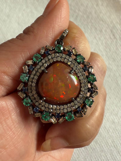 Opal Emerald Diamond Pendant