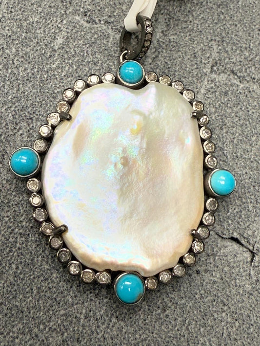Pearl Turqouise Silver Pave Diamond Pendant With Pearl Stone