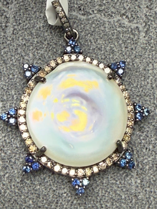 Pearl Sapphire Silver Pave Diamond Pendant With Pearl Stone