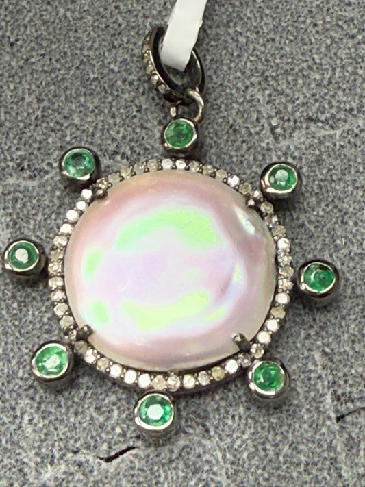 Pearl Emerald  Silver Pave Diamond Pendant With Pearl Stone