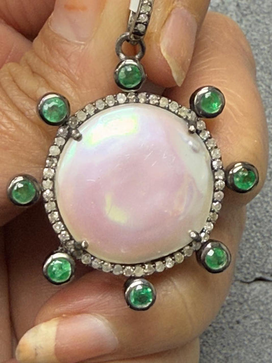 Pearl Emerald  Silver Pave Diamond Pendant With Pearl Stone