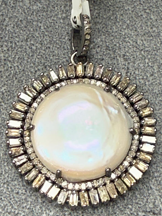 Round Pearl Baguette Silver Pave Diamond Pendant With Pearl Stone