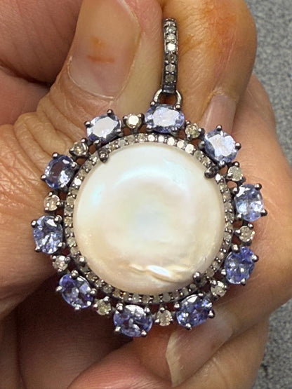 Pearl Silver Pave Diamond Pendant With Pearl Stone