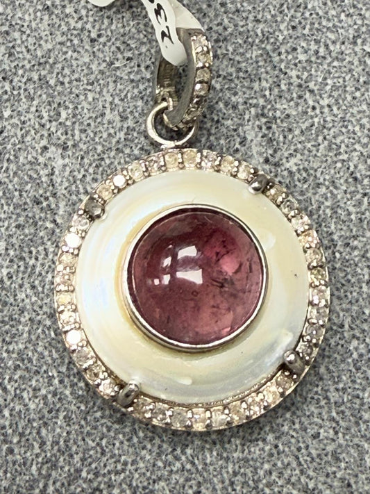 Round Pearl Tourmaline Silver Pave Diamond Pendant With Pearl Stone