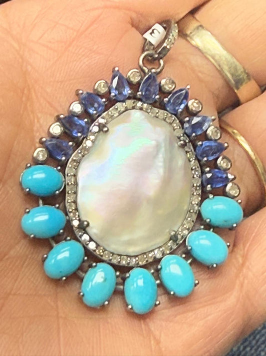 Pearl Turqouise Silver Pave Diamond Pendant With Pearl Stone