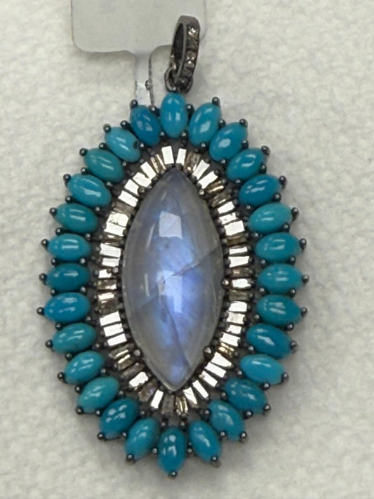 Marquise Shape Turqouise Silver Pave Baguette Diamond Pendant With Moonstone