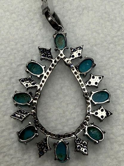 Turqouise Sapphire Silver Pave  Diamond Pendant