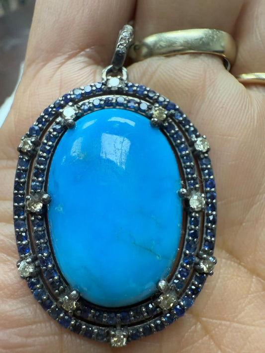Turqouise Sapphire Pave Silver  Diamond Pendant
