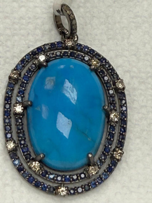 Turqouise Sapphire Pave Silver  Diamond Pendant