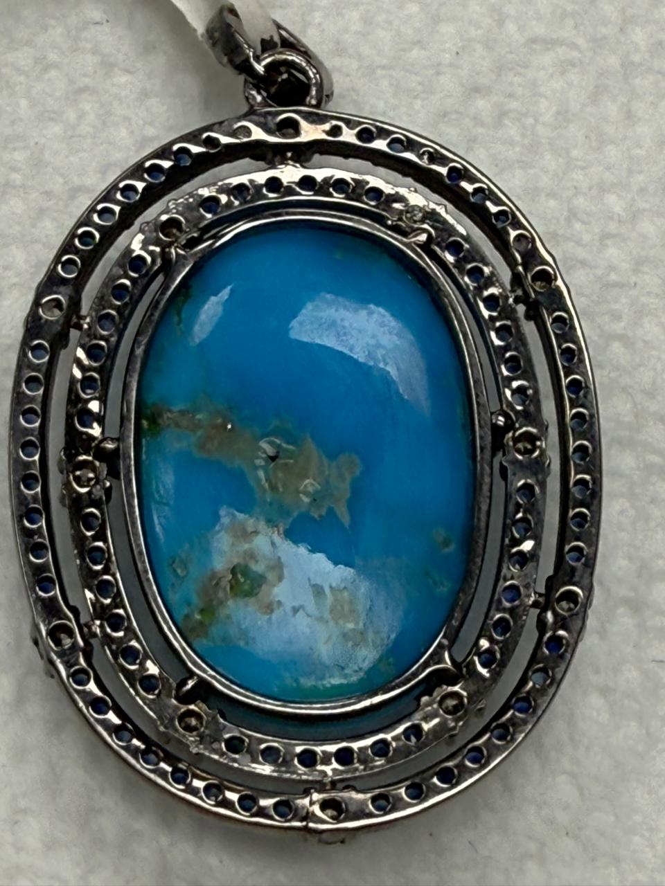 Turqouise Sapphire Pave Silver  Diamond Pendant