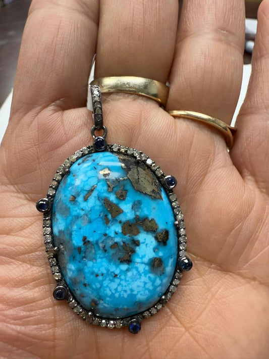 Turqouise Sapphire Pave Silver  Diamond Pendant