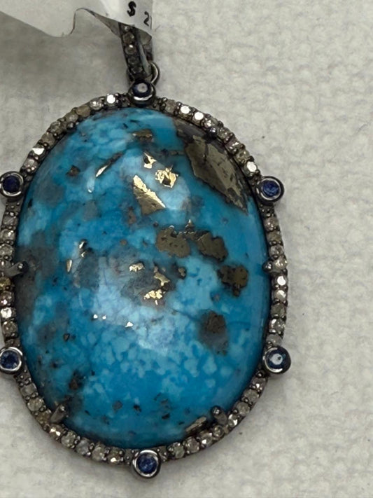 Turqouise Sapphire Pave Silver  Diamond Pendant