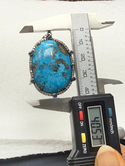 Turqouise Sapphire Pave Silver  Diamond Pendant