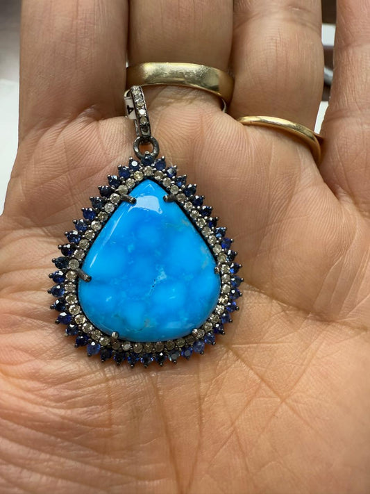 Tear Drop Turqouise Sapphire Pave Silver  Diamond Pendant