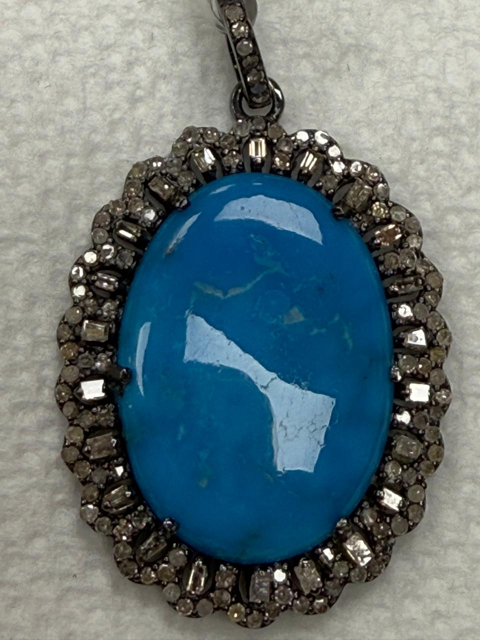 Oval Turqouise  Pave Silver  Diamond Pendant