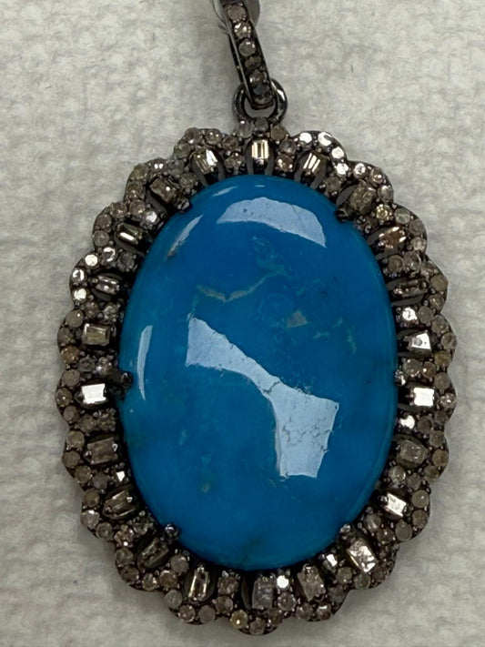 Oval Turqouise  Pave Silver  Diamond Pendant