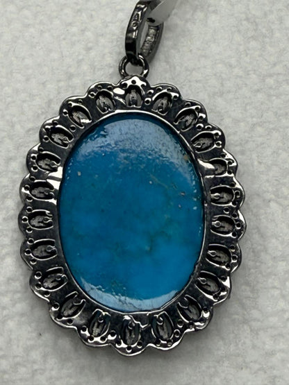 Oval Turqouise  Pave Silver  Diamond Pendant
