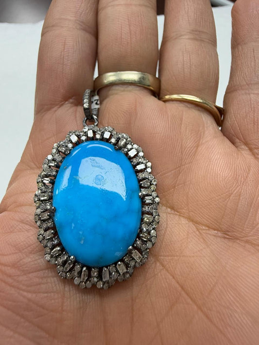 Oval Turqouise  Pave Silver  Diamond Pendant
