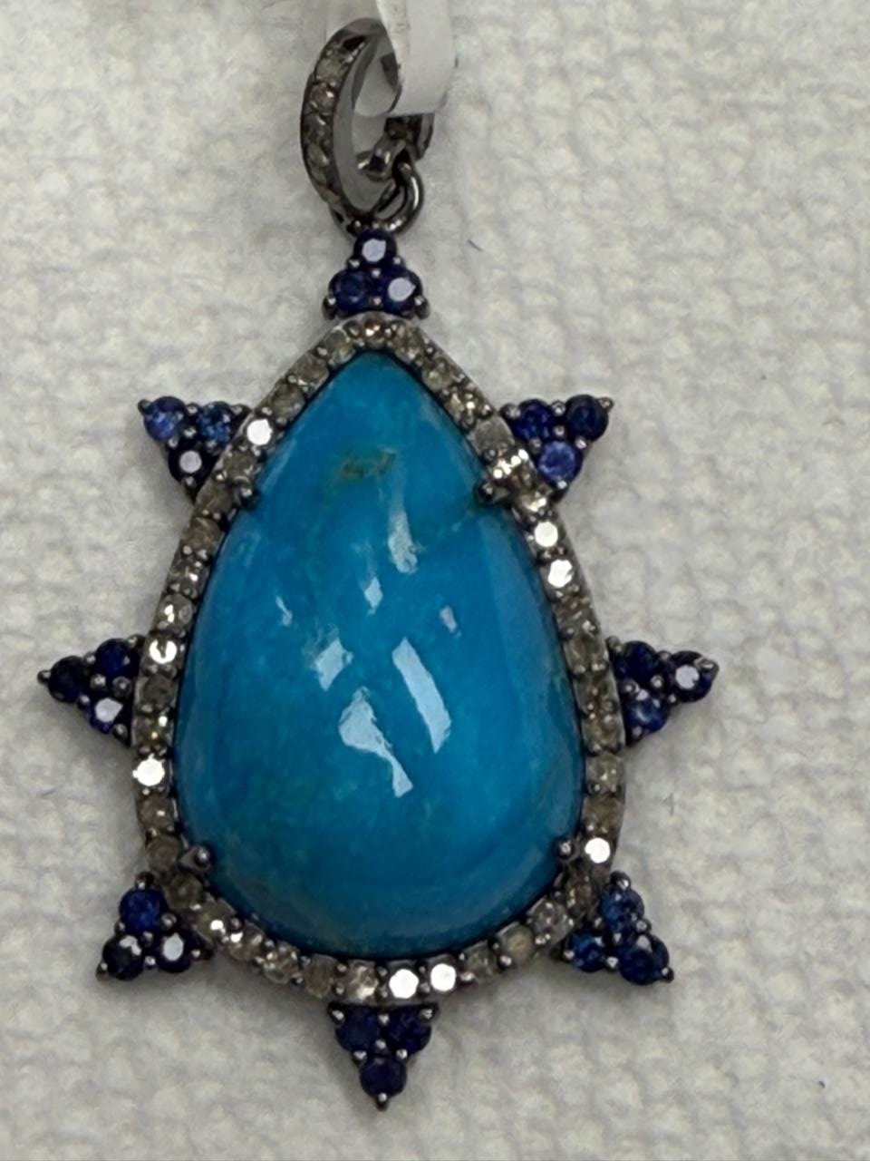 Tear Drop Turqouise Sapphire Pave Silver Diamond Pendant