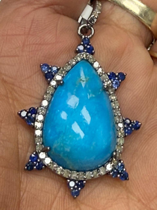 Tear Drop Turqouise Sapphire Pave Silver Diamond Pendant