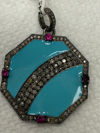 Octogan Ruby Diamond Pendant Turquoise Enameling