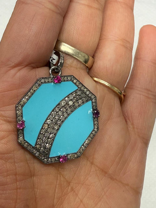 Octogan Ruby Diamond Pendant Turquoise Enameling