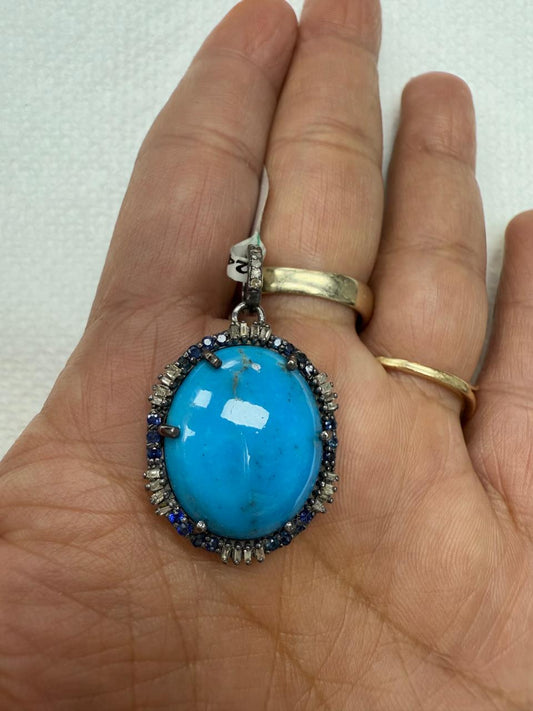 Turqouise Baguette Sapphire Pave Silver Diamond Pendant