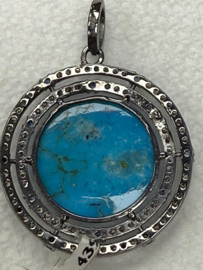 Round Turqouise Sapphire Pave Silver Diamond Pendant