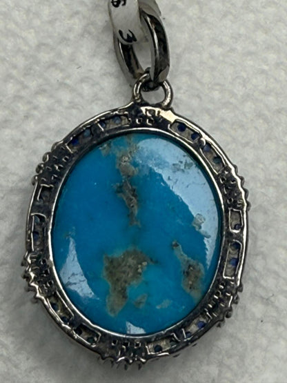 Turqouise Baguette Sapphire Pave Silver Diamond Pendant