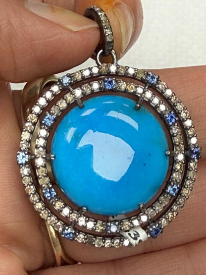 Round Turqouise Sapphire Pave Silver Diamond Pendant