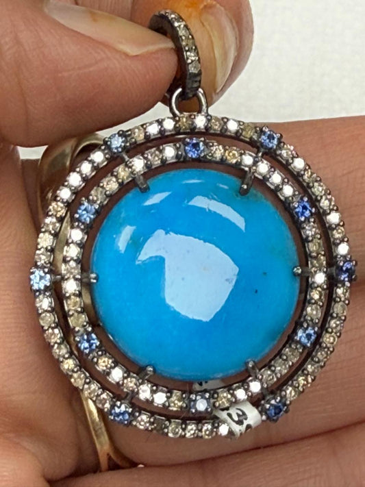 Round Turqouise Sapphire Pave Silver Diamond Pendant