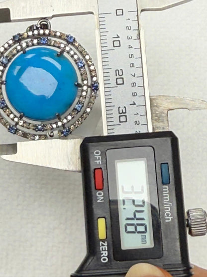 Round Turqouise Sapphire Pave Silver Diamond Pendant