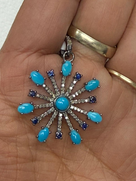 Turqouise Sapphire Pave Silver Diamond Pendant