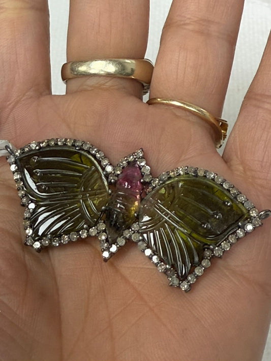 Tourmaline Carving Butterfly with diamond pendant
