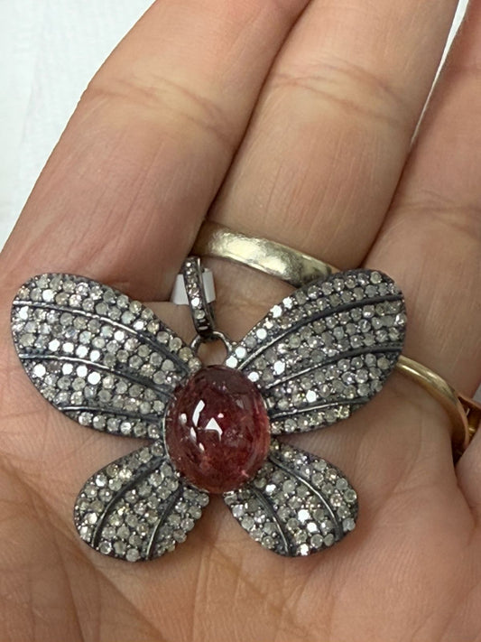 Butterfly Pave Diamond Pendant With Tourmaline Stone