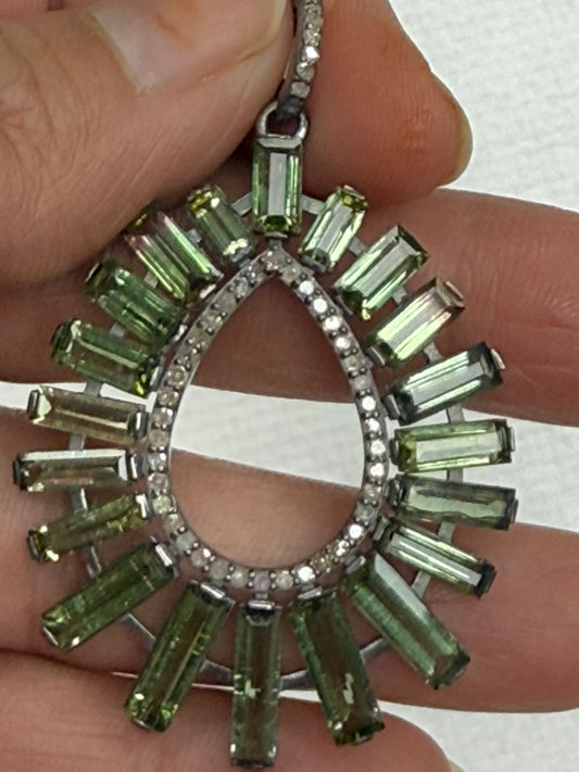 Drop Green Tourmalilne Diamond Pendant