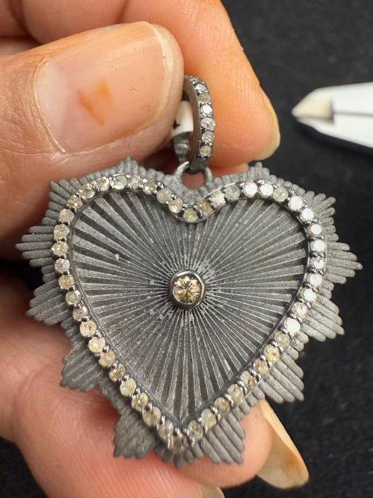 Heart Shape Matte Silver Pave Diamond Pendant